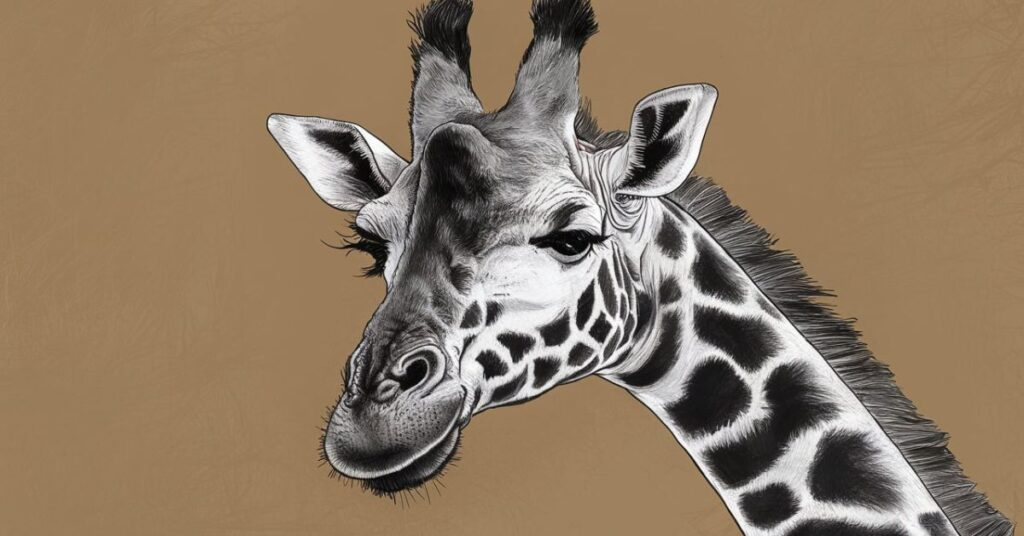 The drawing "Bkjikold4Xi= Giraffe" shows a giraffe in a realistic style, emphasizing its long neck and distinctive patterned coat.