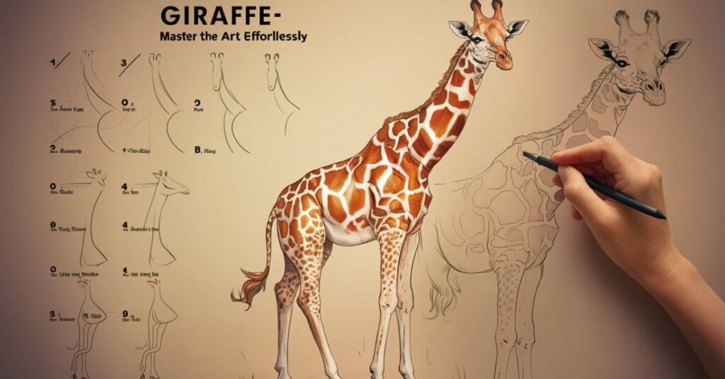 The drawing "Bkjikold4Xi= Giraffe" shows a giraffe in a realistic style, emphasizing its long neck and distinctive patterned coat.